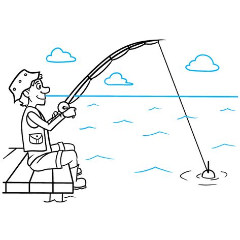 How to Draw a Man Fishing Step 09 Person Fishing Drawing, Fishing Drawing Ideas Easy, Man Fishing Drawing, Fishing Art Drawing, Fishing Drawing Ideas, Fisherman Drawing, Fishing Clip Art, Fishing Drawing, River Drawing