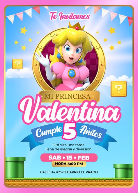 Link de descarga Invitacion de la princesa peach: https://www.aprende-facil.es/como-hacer-invitacion-cumpleanos-de-la-princesa-peach-en-el-celular/ Video explicado paso a paso: https://youtu.be/kwT3AcKfN58 Peach Mario Bros, Princess Peach Party, Fiesta Mickey Mouse, Super Princess Peach, Peach Mario, Mario Bros Party, Super Mario Birthday Party, Peach Party, 5th Birthday Party Ideas