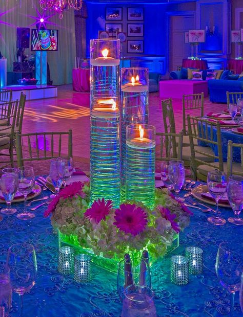 Funky neon lighting with floating candle centerpieces at a Bat Mitzvah designed by @xquisiteflowers Neon Wedding Theme, Bat Mitzvah Centerpieces, Bar Mitzvah Centerpieces, Mitzvah Centerpieces, Sweet 16 Party Themes, Bat Mitzvah Themes, Mitzvah Themes, Mitzvah Decor, Bar Mitzvah Party