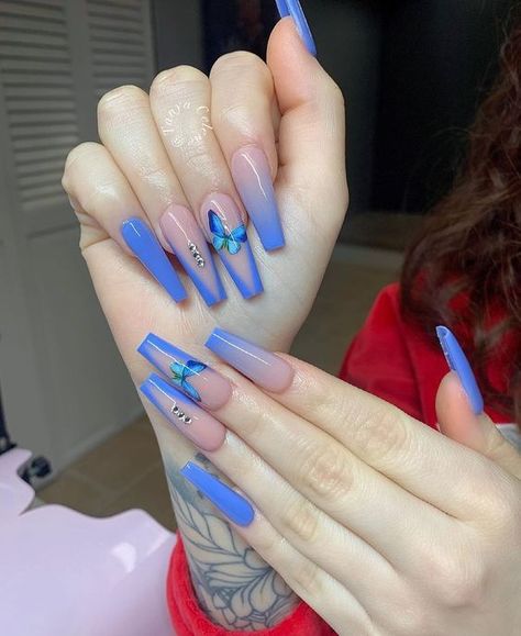 Blue Acrylic Nails, Cute Acrylic Nail Designs, Long Acrylic Nails Coffin, Coffin Shape Nails, Blue Nail, Acrylic Nails Coffin Short, Butterfly Nail, Square Acrylic Nails, Coffin Nails Designs