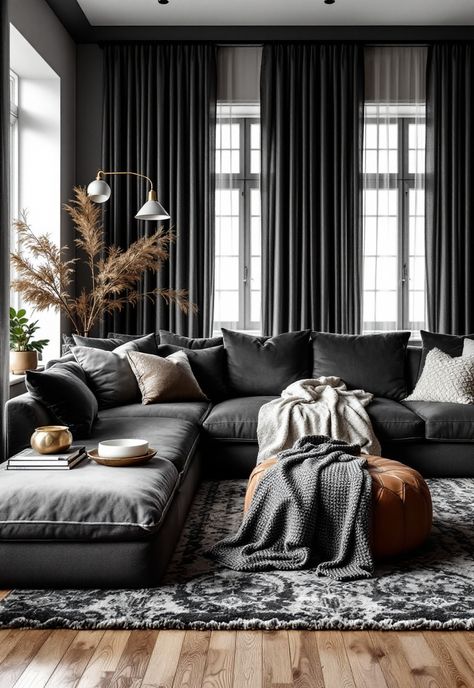 Dark Grey Couch Living Room Ideas Interior Design Dark Grey Couch, Grey Couch Interior Design, Modern Living Room With Dark Grey Couch, Dark Sectional Living Room Decor, Living Room Grey Curtains, Apartment Inspiration Grey Couch, Black Grey And Wood Living Room, Slate Grey Couch Living Room, Dark Interior Living Room