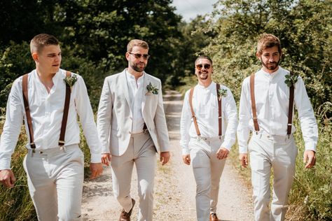 Groom And Groomsmen Attire Tan, Beige Groomsmen Suits Suspenders, Beach Wedding Suspenders Groomsmen, Tan Suspenders Groomsmen, Groomsmen Beach Attire, Groomsmen Tan Pants White Shirt, Abroad Wedding, Groom Suspenders, Acrylic Wedding Signs