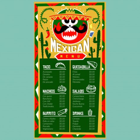 Mexico Menu Design, Mexican Food Graphic Design, Mexican Menu Ideas, Mexican Food Menu Design, Mexican Restaurant Menu Design, Mexican Menu Design, Restaurant Artwork, Mexican Restaurant Menu, Mexican Logo