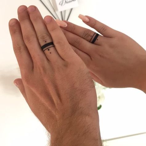 Matching Ring Tattoos Couples, Ring Tattoo Designs For Couples, Matching Ring Tattoos, Couple Ring Tattoos, Tatoos Couple, Minimal Couple Tattoo, Tattoo Rings Wedding, Ring Tattoo Designs For Women, Marriage Tattoos Ring Finger