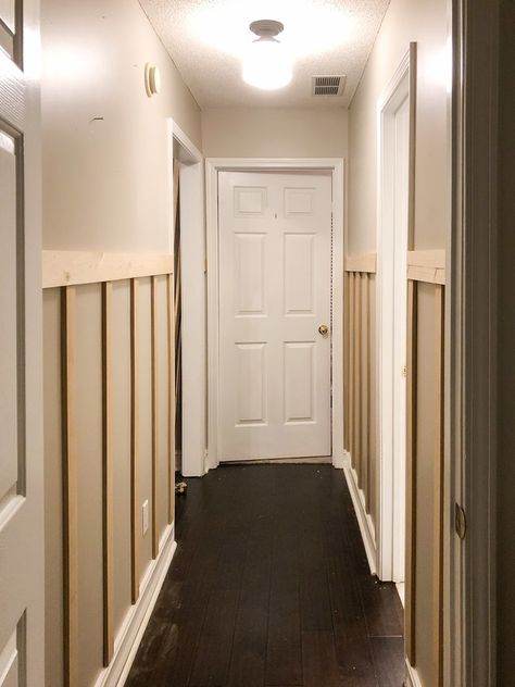 Diy Board And Batten Wall Hallway, Hallway Wall Board And Batten, Board And Batten Hallway Decor, Hallway Ideas Board And Batten, Diy Hallway Remodel, Board And Batten Hallway With Hooks, Board And Batten Small Hallway, Board And Batten Upstairs Hallway, Board And Batten Wall In Hallway