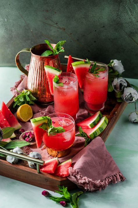 Enjoy this sweet, floral Watermelon Rose Cooler on a hot summer day! With only four ingredients, this drink is easy to whip up for guests with cocktail and wine cooler options. Watermelon Rose, Mango Iced Tea, Watermelon Wedge, Summer Drinks Alcohol, Milk Dessert, Mocktail Recipes, Mango Puree, Fresh Watermelon, Butterfly Cakes