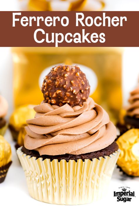 Forero Rocher Cupcakes, Ferrero Rocher Cupcakes Recipe, Ferraro Rocher Cupcakes, Chocolate Hazelnut Cupcakes, Dunkaroo Cupcakes, Ferrero Cupcakes, Hazelnut Frosting, Hazelnut Cupcakes, Ferrero Rocher Cupcakes