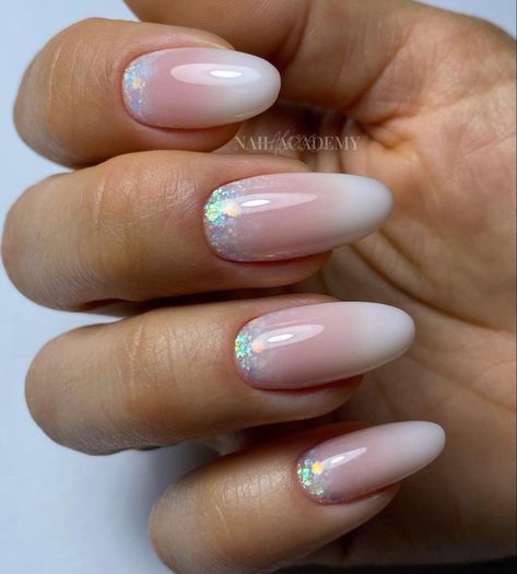 Almond Baby Boomer Nails, Pink And White Ombre Nails With Glitter, Baby Boomer Nails, Baby Glam, Baby Boomers Nails, Hard Gel Nails, Gel Toe Nails, Milky Nails, Ombre Nails Glitter