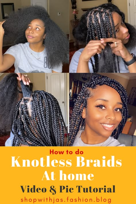 Click link for a very detailed step by step tutorial (with pics and video) to complete knotless box braids at home with extensions. #diy #boxbraids #boxbraidshairstyles #knotlessboxbraids #knotlessbraids #blackhairstyles #blackhair #protectivestyles Diy Braids On Yourself Black Hair, Blackhairstyles Braids, Diy Box Braids, Braids Diy, Box Braids Tutorial, Braids Step By Step, Box Braid Hair, Cabello Afro Natural, Braids Tutorial