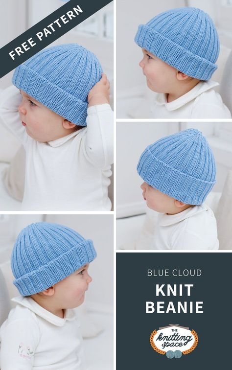 Add another adorable and cozy piece to your tot's everyday outfit and make this Blue Cloud Knit Beanie. It's a charming baby ribbed baby hat that will be perfect for kids' daily use. In fact, it makes for a delightful baby shower gift idea. | Discover approximately 7,000 free knitting patterns at theknittingspace.com #knitpatternsfree Baby Hat Knitting Patterns Free Beanie, Free Knitting Pattern For Baby Hats, Free Baby Patterns Knitting, Baby Hat Knitting Patterns Free Straight Needles, Knitted Baby Hats Free Patterns Newborns, Knitted Baby Hats Free Patterns, Baby Beanie Knitting Pattern, Free Knit Hat Patterns, Baby Mittens Knitting Pattern