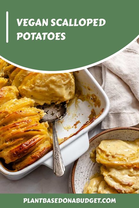 These are the best Vegan Scalloped Potatoes! Cheesy, creamy, and easy to make with less than 10 ingredients, they’re a crowd-pleasing side dish to serve during the holidays or year-round. Vegan Scalloped Potatoes, Creamy Scalloped Potatoes, Plant Based Recipes Dinner, Scalloped Potatoes Cheesy, Vegan Christmas Recipes, Plant Based Dinner, Vegan Side Dishes, Vegan Potato, Vegan Sides