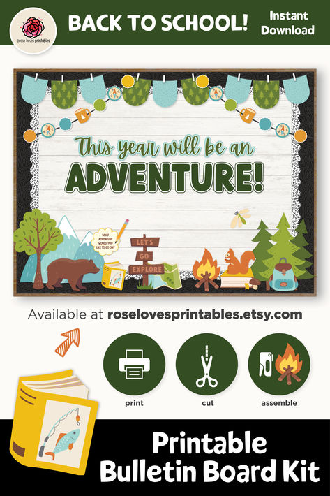 Camping Adventure Back to School Bulletin Board Kit, Modern Classroom Decorations, Welcome Back Elementary Bulletin Kit for Classroom Door, Outdoor Theme Printable  Back to School Bulletin Board Kit that is perfect for your bulletin boards or classroom door decor! This kit includes banner flag elements, straight and wavy borders, text elements, and fun design elements. Just print, cut, and assemble to fill your space with creativity and inspiration. Camping Bulletin Boards, Classroom Door Decor, Text Elements, Modern Classroom, Back To School Bulletin Boards, Adventure Theme, Banner Flag, Door Decorations Classroom, Welcome Back To School