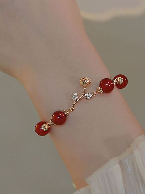 1pc Red Agate Beaded Rose Chain Bracelet | SHEIN Stylish Gold Bracelet For Women, Light Weight Gold Jewellery, Beaded Rose, Bangle Watches, Fairy Jewelry, Red Bracelets, Gold Bracelet For Women, Jewelry Lookbook, Watches Women Fashion