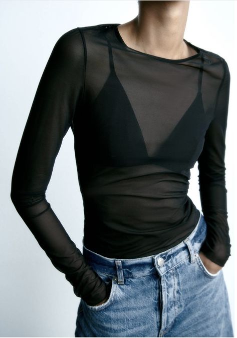 Zara Tulle Top, Black Transparent Top Outfit, Transparent Top Outfit, Pretty Uniform, Asos Leather Jacket, Runway Top, Looks Pinterest, Tulle Top, Triangle Bralette