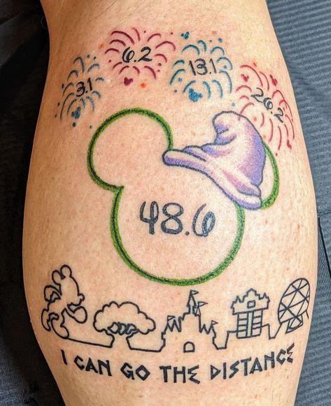 Disney Running Tattoo, Dopey Challenge Tattoos, Run Disney Tattoo, Rundisney Tattoo, Half Marathon Tattoo, Firework Tattoo, Marathon Tattoo, Running Tattoo, Disney Fireworks