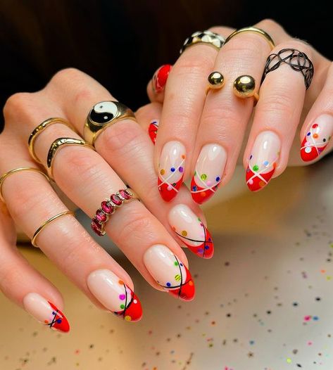 𝗝𝗲𝗺𝗮 𝗕𝗮𝘆𝗻𝗲𝘀 🌵 on Instagram: "dainty little lights ♥️🚨✨ painted using|• @magpie_beauty 🖤 ~~~~~~~ #christmasnails #christmasvibes #xmasnails #christmasnailart #rednails #frenchtipnails #frenchtips #gelmanicure #sequinnails #nailgems #winternails #brightnails #colourfulnails #boldnails #mixmatchnails #lovenails #negativespacenails #nailstagram #magpiebeauty" Nails For New Years, Nail Design Winter, Winter Nails Designs, French Tip Nail Art, Red Christmas Nails, Light Nails, Christmas Nail Art Designs, Winter Nail Designs, French Tips