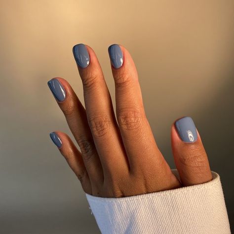 Nail Inspiration 2023 Square, Gel Nail 2023, Denim Blue Gel Nails, Blue Nails Colors, Nails Denim Blue, Mid September Nails, Blue Nail Colours, Nail Gel Color Ideas, One Colour Gel Nails