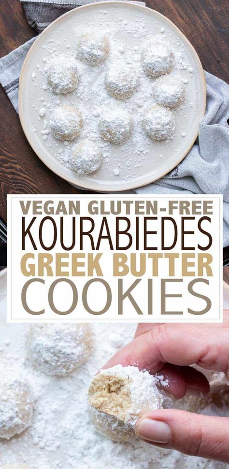 A Greek butter cookie that's vegan, gluten-free and with a healthier butter free option. Both Kourabiedes versions are incredible and Greek dad approved! #greekrecipes #vegancookies Greek Kourabiedes Recipe, Kourabiedes Recipe, Greek Butter Cookies, Greek Cookies, Homemade Snickers, Vegan Christmas Recipes, Greek Desserts, Spiralizer Recipes, Easy No Bake Desserts