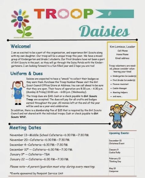 Daisy Girl Scout welcome letter Girl Scout Daisy Activities, Girl Scout Meeting Ideas, Girl Scout Mom, Girl Scout Troop Leader, Daisy Troop, Brownie Scouts, Brownie Girl, Junior Mints, Meeting Ideas