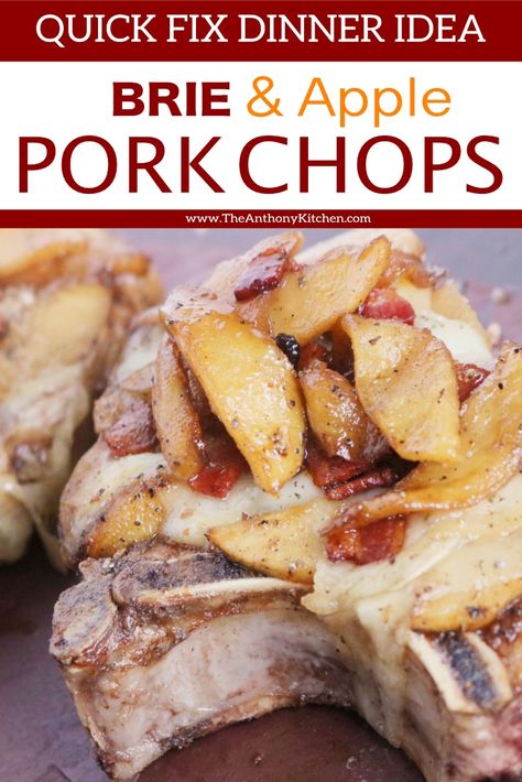 How to cook juicy, thick-cut pork chops in the oven. Featuring oven-baked smothered pork loin chops with brie, bacon, and spiced apples. #porkchops #porkchoprecipes #smotheredporkchops #porkchopswithapples #dinnerideas #fallrecipes #comfortfood #dinnerrecipes #porkrecipes #theanthonykitchen #pork Smothered Pork Loin, Pork Chops In The Oven, Pork Chops With Apples, Thick Cut Pork Chops, Smothered Pork Chops Recipe, Pan Fried Pork Chops, Smothered Pork, Apple Pork, Apple Pork Chops