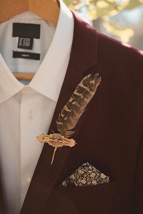 Burgundy Groom Suit, Feather Bowtie, Vintage Boutonniere, Bohemian Groom, Burgundy Groom, Boho Wedding Makeup, Micro Wedding Ideas, Boho Wedding Photography, Tennessee Wedding Venues