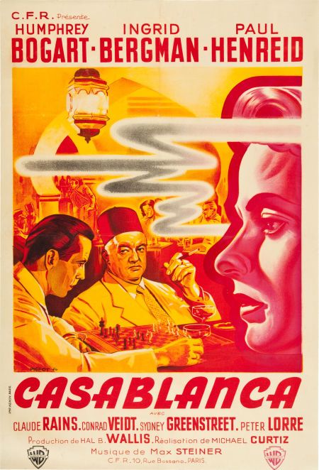 Pierre Pigeot, French Poster for U.S. Film, "Casablanca," ca. 1940s Casablanca Movie, Pulp Detective, Cinematic Art, Casablanca 1942, French Movie Posters, Old Movie Poster, Theatre Posters, Tv Posters, French Film