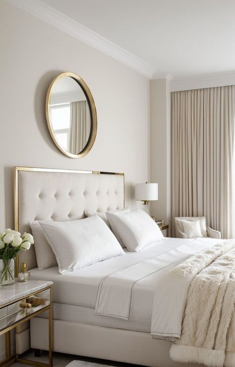 Transform your bedroom into a hotel-like oasis with plush velvet pillows, a sleek marble side table, and a statement mirror above the bed. Complete the look with crisp white sheets, a faux fur throw, and some fresh flowers for a touch of luxury. Hotel Bedroom Aesthetic, Mirror Above Bed, Statement Mirror, Marble Side Table, Hotel Bedroom, White Sheets, Marble Side Tables, Above Bed, Fur Throw