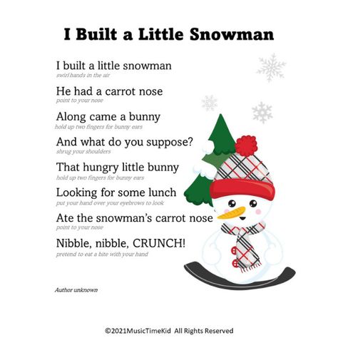 5 Winter Preschool Songs and Fingerplays - Music Time Kid Snowman Fingerplays Songs, 5 Little Snowmen Fingerplay, Circle Time Christmas Songs, 5 Little Snowmen Song, Holiday Songs For Toddlers, Preschool Fingerplay Songs, Christmas Poems For Kindergarten, Christmas Fingerplays For Preschoolers, Toddler Songs Circle Time