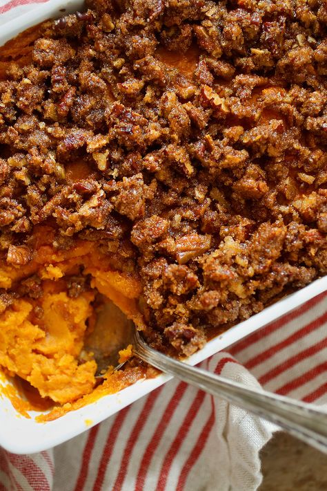 NYT Cooking: This version of the classic Thanksgiving side dish forgoes the traditional marshmallow topping for a generous sprinkle of brown sugar, butter and pecans. You get crunchy, soft and sweet all in one glorious bite. Pecan Casserole, Fruit Casserole, Thanksgiving Casseroles, Recipes Potluck, Casseroles Recipes, Marshmallow Topping, Sweet Potato Thanksgiving, Brown Sugar Butter, Thanksgiving Potluck