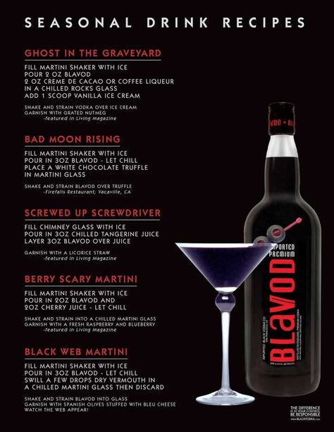 Blavod Black Vodka Seasonal Recipes - on top of these fabulous cocktails how about a Ghost in the Graveyard, Black Widow, or an October Screwdriver? Vanilla Ice Cream Shake, Black Vodka, Halloween Recipes Drinks, Ice Cream Shake, Martini Shaker, Hallowen Ideas, Seasonal Drinks, Halloween Cocktails, Vodka Drinks