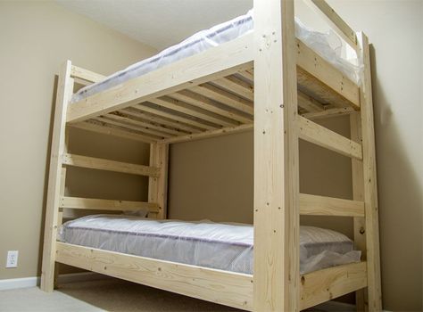 I’ve built a lot of these bunk beds in the past and recently built one for my own home. This is a super easy build as the materials are all common construction grade pine and every cut is a 90 degree cut so there are no complicated angles. The construction is with wood screws and pocket hole screws. Because all of the screws are installed from the inside there are no screw heads or carriage bolts showing on the outside. This gives the bunk bed a nice clean appearance. Both sides dou... Build A Bunk Bed, Four Bunk Beds, Bunk Beds For Girls Room, Bed For Girls Room, Custom Bunk Beds, Bunk Bed Plans, Triple Bunk Beds, Bunk Bed Ideas, Modern Bunk Beds