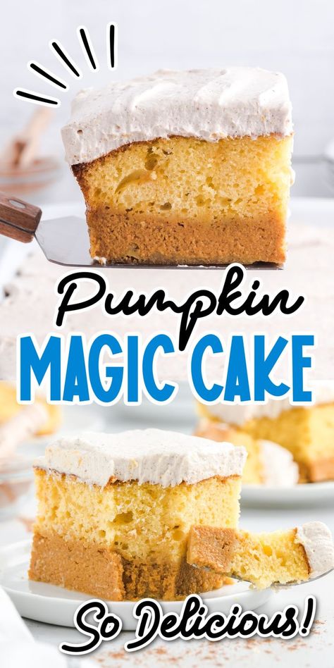 Pumpkin magic cake is a scrumptious fall dessert that will amaze your holiday guests. A layered dessert with moist cake, pumpkin spice flavors, and a creamy cool whip frosting, it tastes as delicious as beautiful as it looks! The magical part of this cake is that it displays three distinct layers that all come from one batter. Pumpkin Roll Recipe Video, Pumpkin Magic Cake, Whip Frosting, Magic Cake Recipes, Cool Whip Frosting, Pumpkin Magic, Custard Cake Recipes, Whipped Pumpkin, Pumpkin Pie Cake