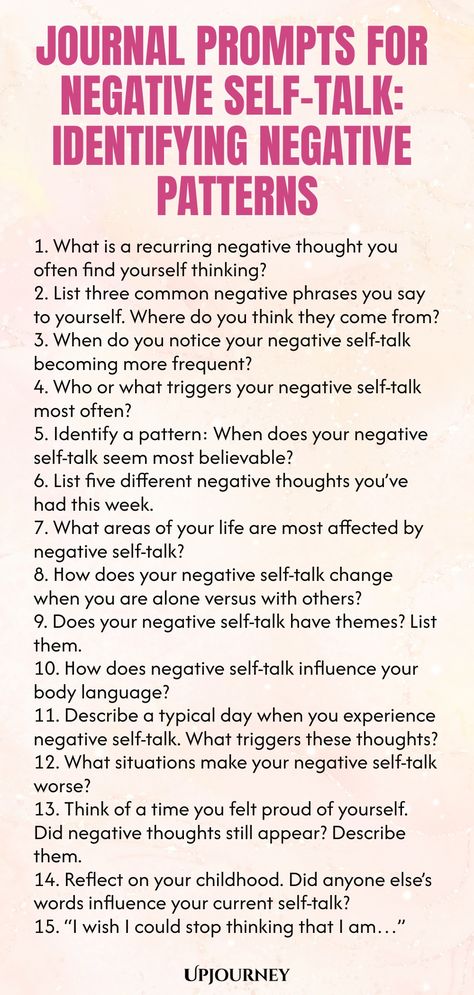 Explore a collection of journal prompts designed to help you identify and challenge negative self-talk patterns. Delve deep into your thoughts and feelings with these reflective prompts to foster self-awareness and promote positive thinking habits. Use this guided exercise to shift your mindset and cultivate a more empowered sense of self. Start turning your inner critic into a compassionate advocate with these thoughtful journaling prompts. Negative Thoughts Journal, Deep Thinking Journal Prompts, Journal Prompts For Negative Self Talk, Victim Mentality Journal Prompts, Teen Journal Prompts, Healing Prompts, Reflective Prompts, Counseling Interventions, Psychology Terms