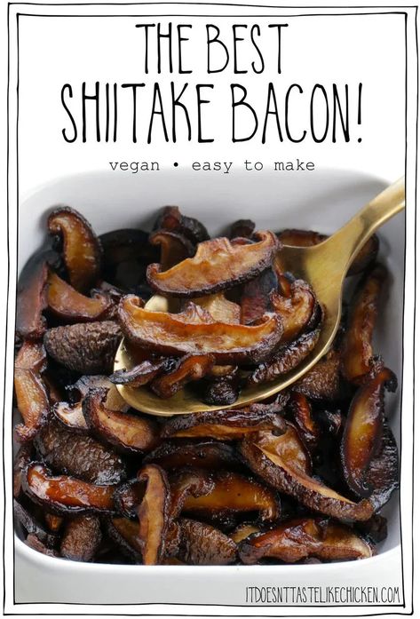 Smoky, salty, chewy, and lightly crisp, you won't believe how delicious this Shiitake Bacon recipe is! It's quick & easy to make requiring only 5 ingredients. Just slice the mushrooms, season, and then bake. Shiitake mushroom bacon is perfect on pasta, salads, sandwiches, pizza, baked potatoes, and anywhere you want a little vegan bacon oomph (which is everywhere)! #itdoesnttastelikechicken #veganrecipes #veganbacon Vegan Bacon Recipe, Vegan Blt Sandwich, Shiitake Bacon, Vegan Bacon Bits, Mushroom Bacon, Vegan Mushroom, Vegan Bacon, Cremini Mushrooms, Plant Based Breakfast