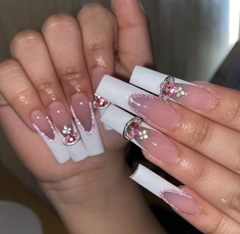 Planet Nails Acrylic, French Tip Nails With Cross Charm, Pink Nails W Charms, Nail Inspo Cross Charm, Nails W Cross Charms, Nails For Baddies, Pink French Tip Nails With Cross Charm, White Tip Acrylic Nails, Planet Nails