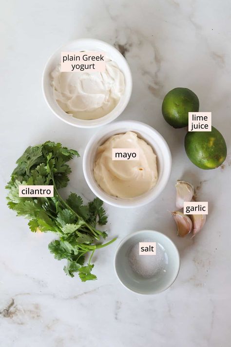 Creamy Garlic Cilantro Sauce - The Balanced Nutritionist Mexican Yogurt Sauce, Garlic Cilantro Sauce, Balanced Nutritionist, Cilantro Garlic Sauce, Cilantro Lime Shrimp, Cilantro Lime Sauce, Garlic Mayo, Creamy Garlic Sauce, Cilantro Sauce