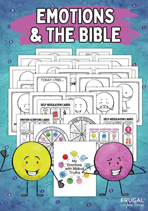 Step into the captivating world of Feelings & Faith for kids. Explore the fascinating connection between children's emotions and timeless biblical teachings, with kids' Bible verses on emotions and inspiring Bible stories that offer wisdom and guidance. Plus, don't miss out on discovering the ultimate fun-packed toolkit, our Biblical Emotions printable Set, designed to bring emotional awareness and biblical wisdom right to your kids' fingertips! #FrugalCouponLiving Emotions Printable, List Of Emotions, Verses For Kids, Emotions Wheel, Biblical Wisdom, Emotion Chart, Feelings Chart, Bible Verses For Kids, Church Nursery