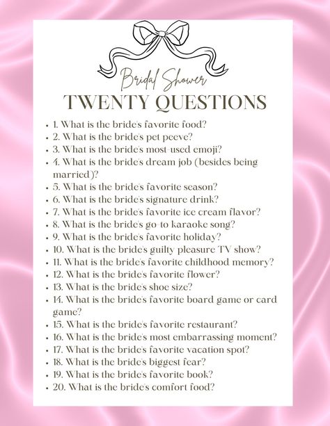 Perfect 20 questions game for a bridal shower or Bachelorette party! Bridal Shower Trivia Questions, Fun Bachelorette Party Games Activities, Bachelorette Questions, Bridal Jeopardy Questions, Bachelorette Party Ideas Games, Free Bachelorette Party Games, Bachelorette Activities, 20 Questions Game, Bridal Shower Tea Party Theme