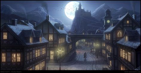 Concept Art : Village Night by penemenn | 2D | CGSociety Fantasy Locations, Vampire Castle, Fantasy Village, Fantasy Town, Gothic Castle, Moonlight Painting, Gothic Wallpaper, Art Village, Dark City