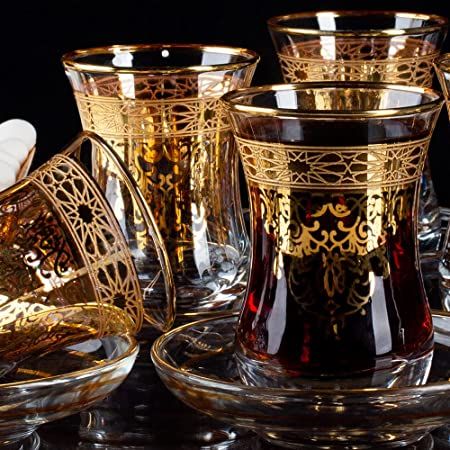 Turkish Tea Cups, Gold Kitchen Accessories, Arabic Decor, Fine Dinnerware, Coffee Tray, Vintage Wedding Gifts, Glassware Drinking, Gold Glasses, Turkish Tea