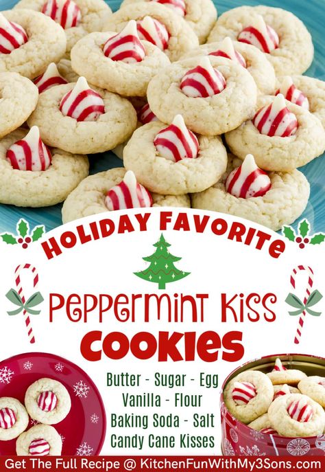 Peppermint Kiss Cookies are the most festive treats for Christmas and they taste fantastic! These blossom sugar cookies are so soft and delicious and the candy cane kisses are the prefect touch. They are always such a hit! Christmas Cookies With White Chocolate, Peppermint Kisses Recipes, Peppermint Kiss Cookies, White Chocolate Peppermint Cookies, Christmas Desert Recipes, Candy Cane Cookie Recipe, Best Cookie Recipe Ever, Christmas Cookies Kids, Holiday Entertaining Food