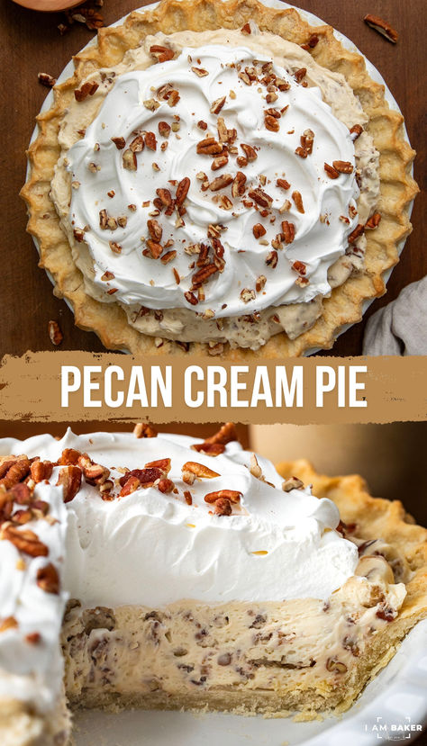 This glorious Pecan Cream Pie Recipe is a homemade pie crust filled with a creamy blend of cream cheese, maple syrup, and whipped cream with a nutty crunch from pecans. It is as impressive in appearance as it is in flavor! Fluffy Pecan Pie Recipe, Amazing Old Recipes, Fruit And Cream Pie, Almond Cream Pie, Creamy Pecan Pie Recipe, Cream Cheese Pecan Pie, Creamy Pecan Pie, Cream Cheese Maple Syrup, Nut Pie Crust