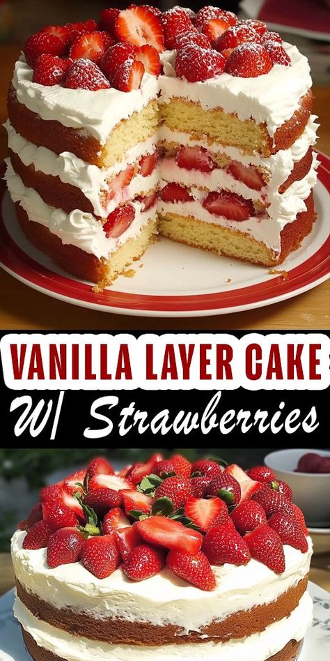 Looking for the perfect dessert to impress? Our Vanilla Layer Cake with Strawberries is a showstopper! This moist, fluffy cake layered with fresh strawberries and whipped cream is the ultimate treat for birthdays, celebrations, or any sweet occasion. ✨ Ready to bake this delicious layer cake? Click the link for the full recipe and elevate your dessert game! ✨ #VanillaLayerCake #StrawberryDessert #BakingJoy #CakeDecorating #SweetTreats #HomemadeDessert #FoodieFavorites #InstaYum #DessertGoals Strawberry Whip Cream, Vanilla Cake With Strawberries, Vanilla Strawberry Cake, Vanilla Cake With Strawberry Filling, Strawberry Whip, Cake With Fresh Strawberries, Vanilla Layer Cake, Strawberries And Whipped Cream, Strawberry Layer Cakes