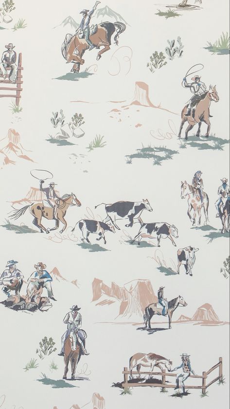 You’ll fall in love with this 70’s vintage rustic & minimal cowboy and cowgirl themed pattern. Our gently illustrated cows, horses, cowboys, cowgirls, and desert landscape are the perfect addition to a gender-neutral bedroom and nursery. The perfect accent wall to your kids room and playrooms. Vintage wallpaper, western kids room, cow pattern print, nursery wallpaper ideas. #nurserydecor #nurseryideas #cowgirl #cowboy #westernstyle #western #wallpaperideas #kidsroomdecor #kidsplayroomideas Colorful Western Aesthetic, Vintage Cowboy Wallpaper, Wild West Wallpaper, Nursery Western, Cowboy Wallpaper, Western Aesthetic Wallpaper, Western Aesthetics, Western Nursery, Wallpaper Neutral