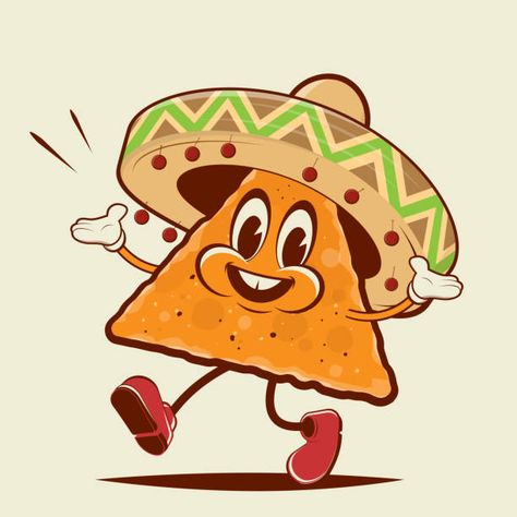 Tacos Cartoon, Mexican Food Illustration Art, Mexican Food Cartoon, Taco Cartoon, Retro Taco Illustration, Shirt Drawing, Paper Cards, Art Techniques, Cartoon Art