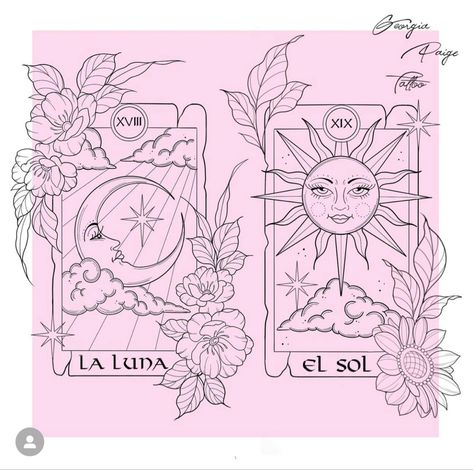 Sun Moon And Stars Tarot Tattoo, The Sun Tarot Tattoo Design, Psychic Medium Tattoos, Lover Tarot Tattoo, Sun Moon Tarot Card Tattoo, Oracle Card Tattoo, Tarot Card Sun Tattoo, Tarot Cards Tattoo Ideas, Sun Tarot Card Tattoo