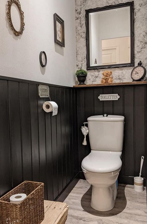 Wall Panelling Downstairs Toilet, Black Bathroom Panelling, Small Dark Toilet Room, Wallpaper Toilet, Restroom Remodel, Small Downstairs Toilet, Bathroom Under Stairs, Cloakroom Toilet, Master Bath And Closet