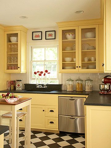 Would match perfectly with my yellow kitchen aid mixer....Love yellow in kitchens and the black and white vintage floors. Sink Lighting, Yellow Kitchen Cabinets, Yellow Cabinets, Budget Kitchen Remodel, Decor Ikea, Farmhouse Kitchen Cabinets, Yellow Kitchen, Kitchen Remodeling Projects, Kitchen Redo