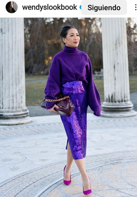 Sequin Shirt Outfit, Purple Skirt Outfit, Sequin Skirt Outfit, Wendy Nguyen, Holiday Outfits Women, Soft Dramatic, Cool Winter, Purple Outfits, Warm Outfits