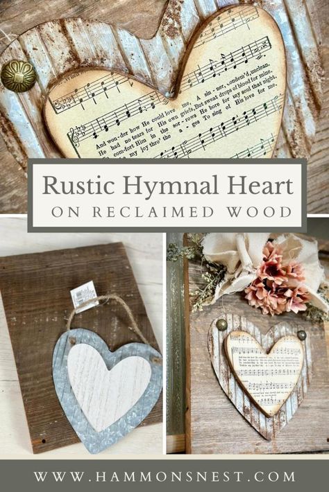 Pinterest Pinning Image for Rustic Hymnal Heart Hymnal Page Crafts, Hammons Nest, Sheet Music Decor, Antique Crafts, Hymnal Crafts, Rustic Hearts, Church Retreat, Crafts 2024, Christmas Things To Do